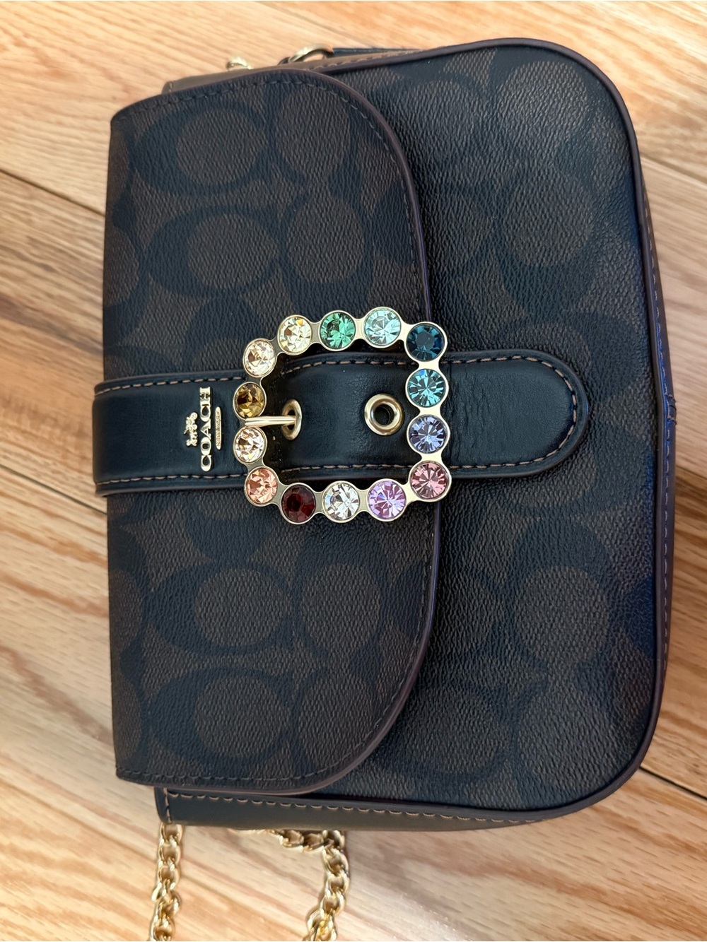 Coach Black/Charcoal Signature Crossbody with Multicolor Jeweled Buckle